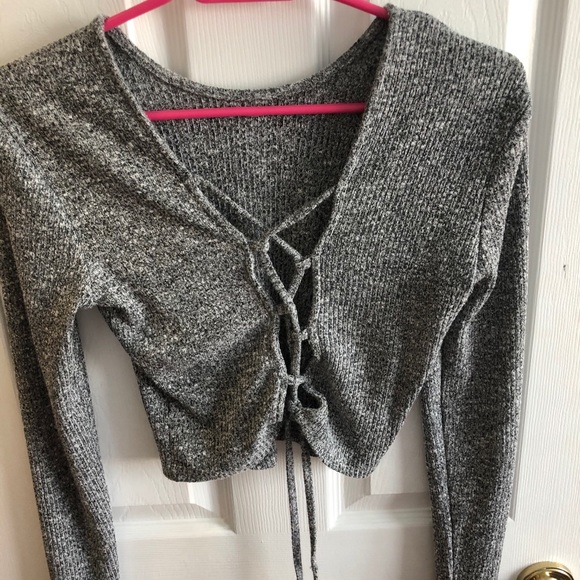GARAGE cropped lace up back heather grey top - Picture 2 of 2